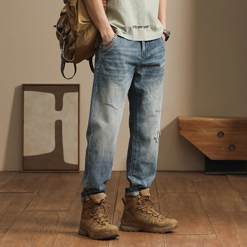2024 New European and American Loose Harem Pants Spring and Autumn Split Patch Ripped Casual Small Foot cargo Jeans for men