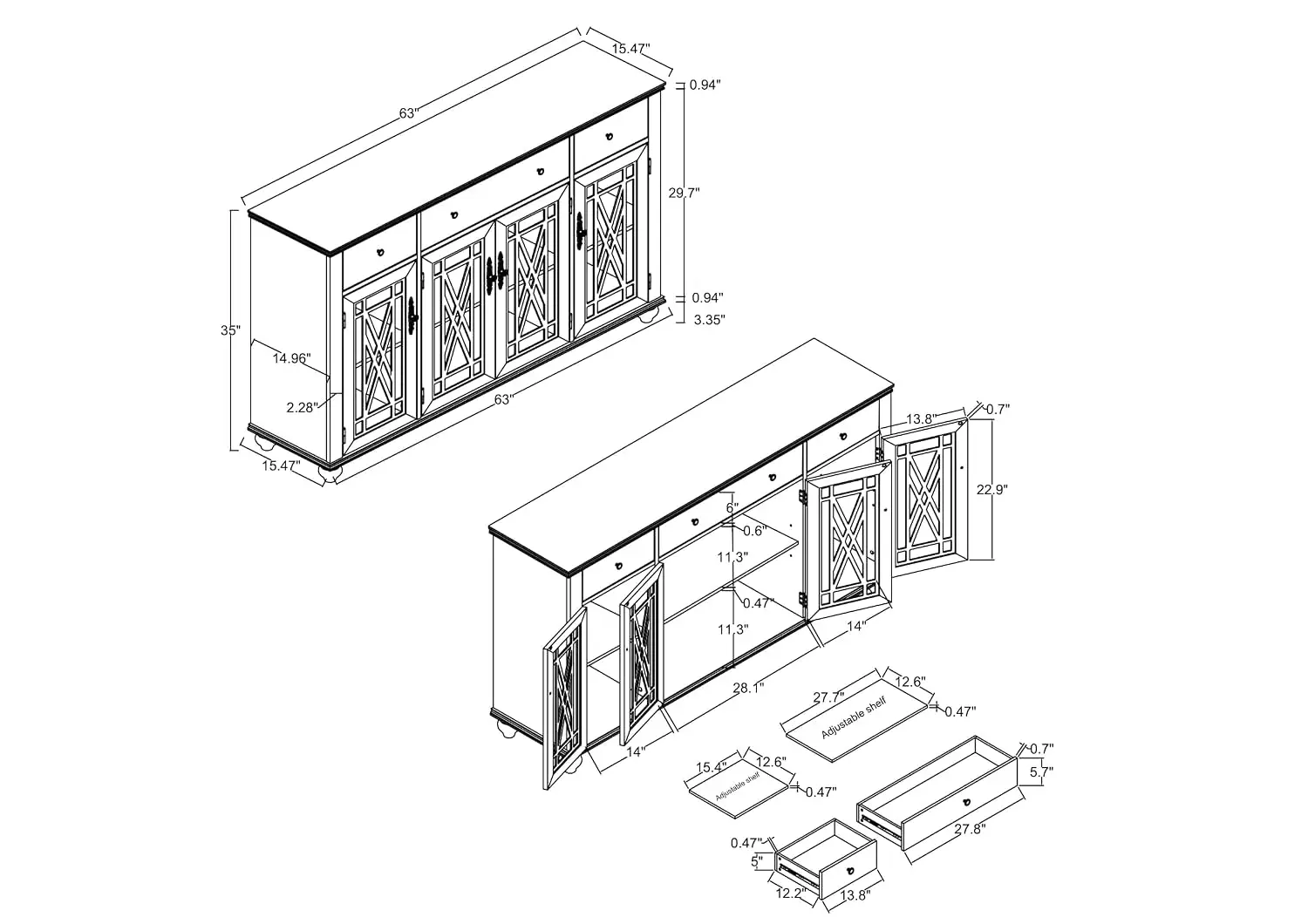 63 Inch Sideboard Cabinet with 4 Glass Doors & 3 Drawers, Living Dining Room Kitchen Hallway Storage, White, Customized
