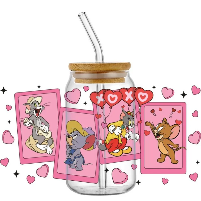 Miniso Jerry Mouse and funny cat Sticker For The 16oz Libbey Glasses Wraps Cup Can DIY Waterproof Easy To Use Custom Decals