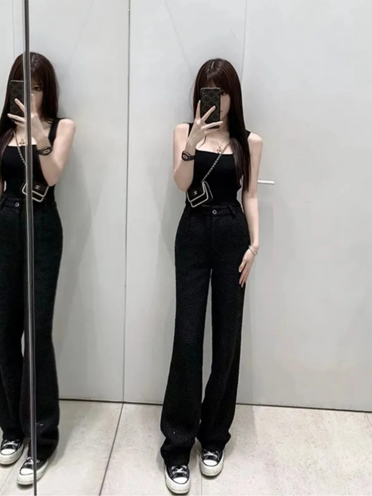 

Женские повседневные брюки с высокой талией, блестящими пайетками и прямым кроем, весенняя мода, стройнящие длинные брюки для офиса, стиль 2026, новинка