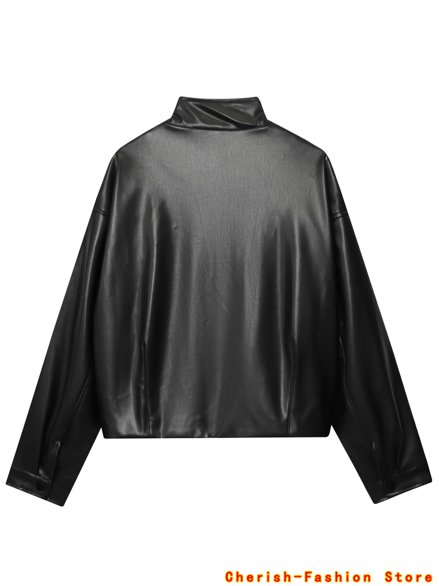 New Fashion Street Commute Lady Tops Women 2025 Autumn Brand New Leather Pilot Jacket Stand Collar Zipper Long Loose Outerwears