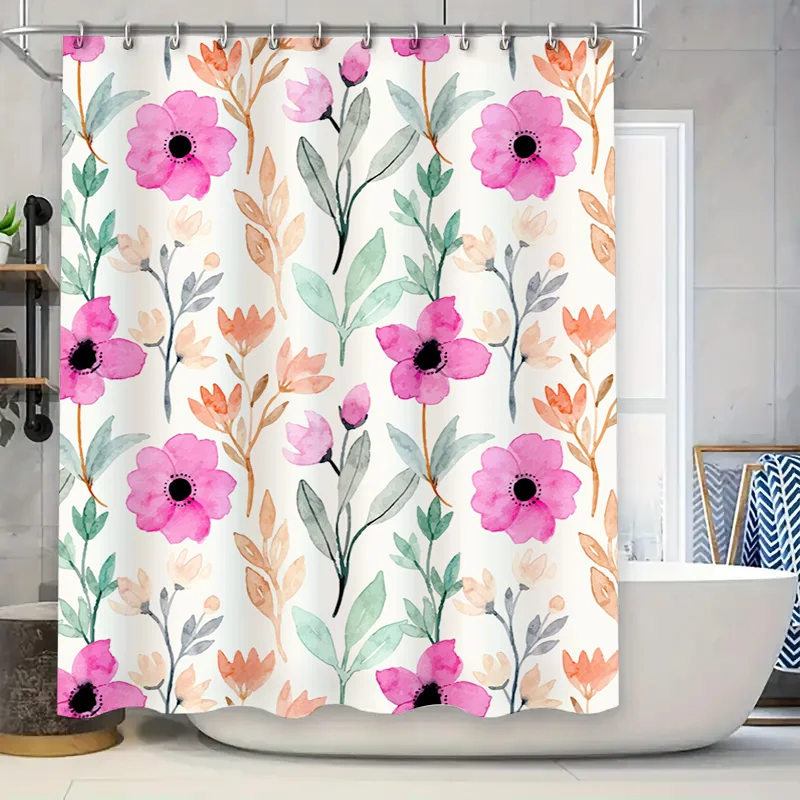 

Pink and Green Floral Watercolor Shower Curtain Modern Bathroom Decor Easy Installation 72 x 84 Inches