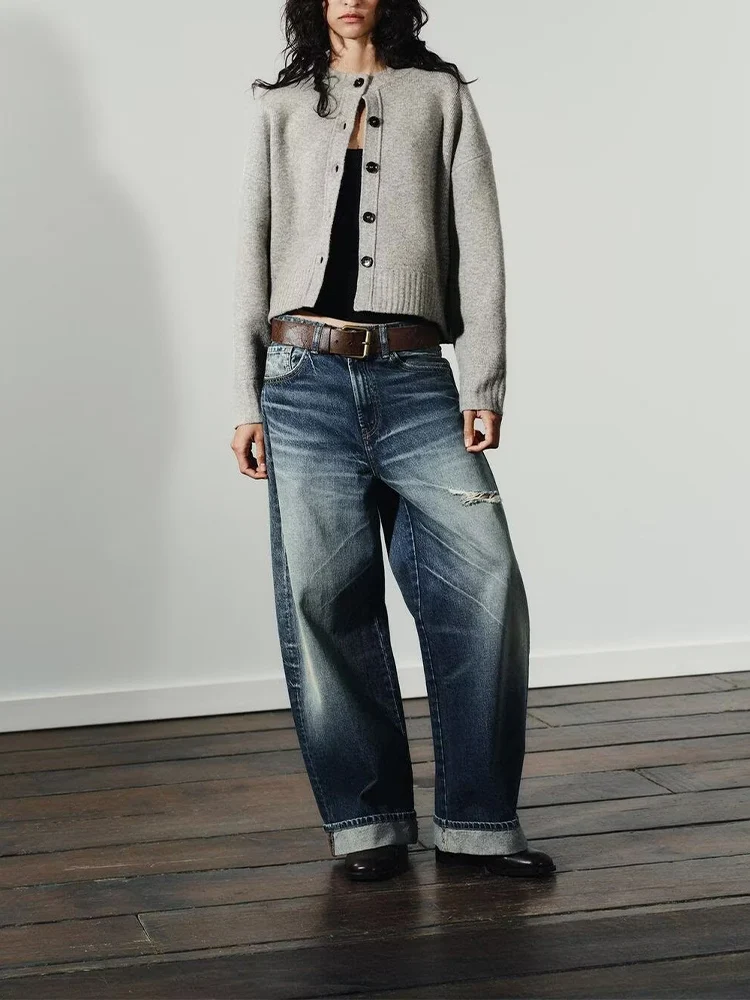 

Новый женский модный универсальный темпераментный однотонный вязаный кардиган с круглым вырезом и длинными рукавами в европейском стиле