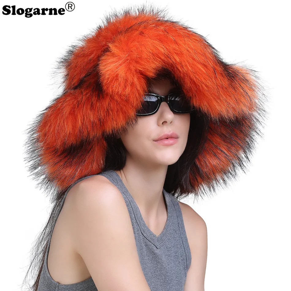 European American Big Brim Warm Fur Hats Women\'s Winter Y2k Fluffy Faux Raccoon Fur Bucket Hat Ladies Luxury Furry Snow Ski Caps