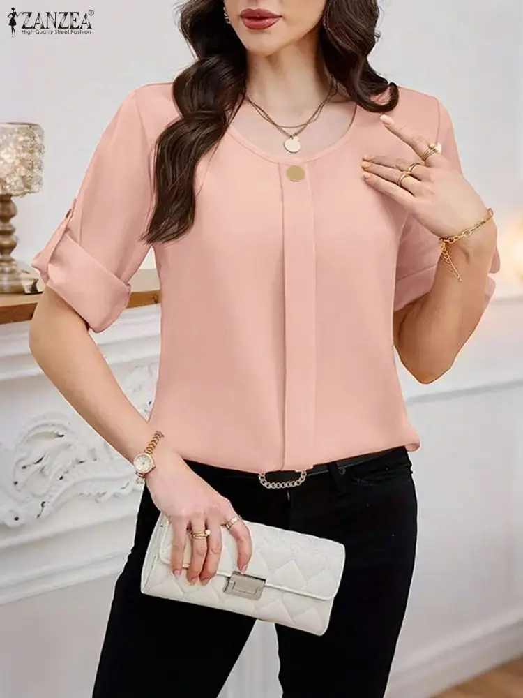 ZANZEA, camisas a la moda para mujer, blusa elegante con manga 3/4, Tops tipo túnica informales con estilo 2021, Blusas coreanas plisadas para oficina para mujer