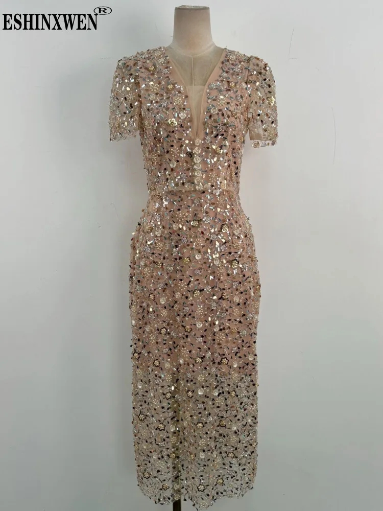 champagne sequin embroidered midi dress Navy Rhinestone Mesh Cut Out Midi Dress – self-portrait-EU main image 0