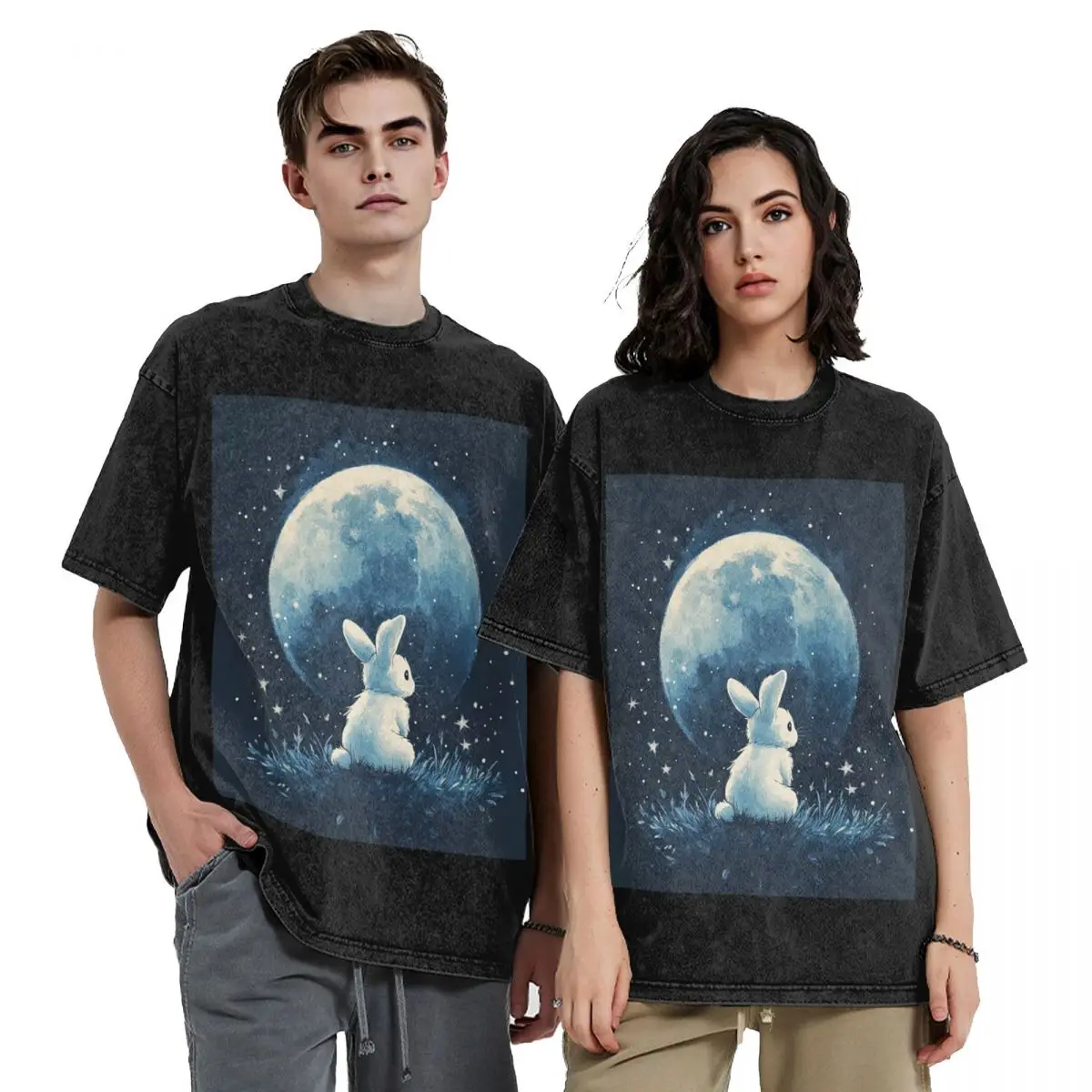 

Cute Space Little Bunny Rabbit Hip Hop Short Sleeve T-Shirts Washed Tops Tees Streetwear T Shirt Printed for Men Women