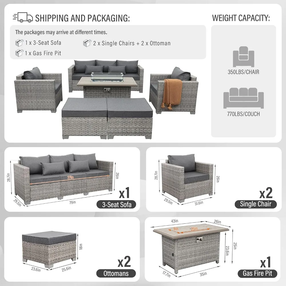 เฟอร์นิเจอร์ Patio ชุด 6 ชิ้นสีเทาหวายกลางแจ้งเฟอร์นิเจอร์ Patio โซฟาโซฟา PE หวายการสนทนาชุด