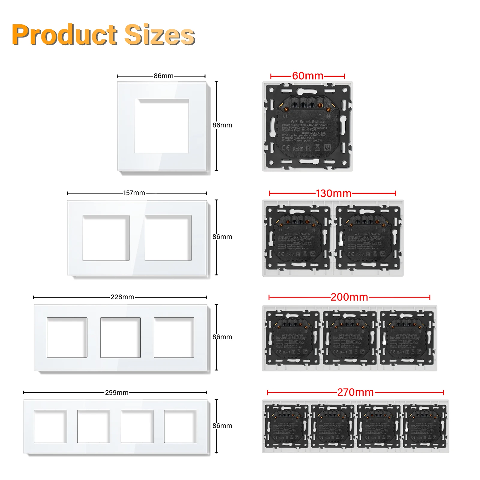 BSEED 1/2/3/4Gang Wifi Smart Switches Licht/Vorhang/Dimmer Klicken Tasten Typ-c USB Steckdosen DIY Funktion Teile EU Glas Rahmen