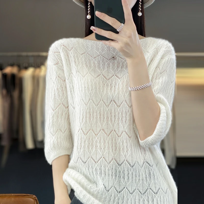 5/4 Sleeve Hollow Round Neck Solid Color Pullover Versatile Popular Blouse Spring/Summer Women's New Top