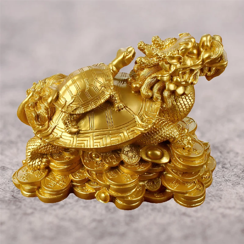 Golden Feng Shui Dragon Turtle Tortoise Statue Figurine Coin Money Wealth Ornaments For Home Office Decoration