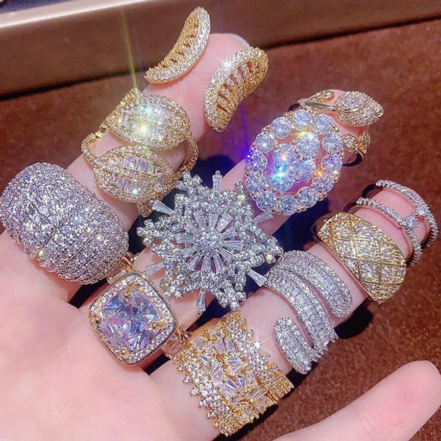 10Pcs/Lot Luxury Zircon Inlay Copper Women\'s Rings Fashion Elegant Mixed Styles Multi Piece Set Finger Accessories Jewelry Gifts