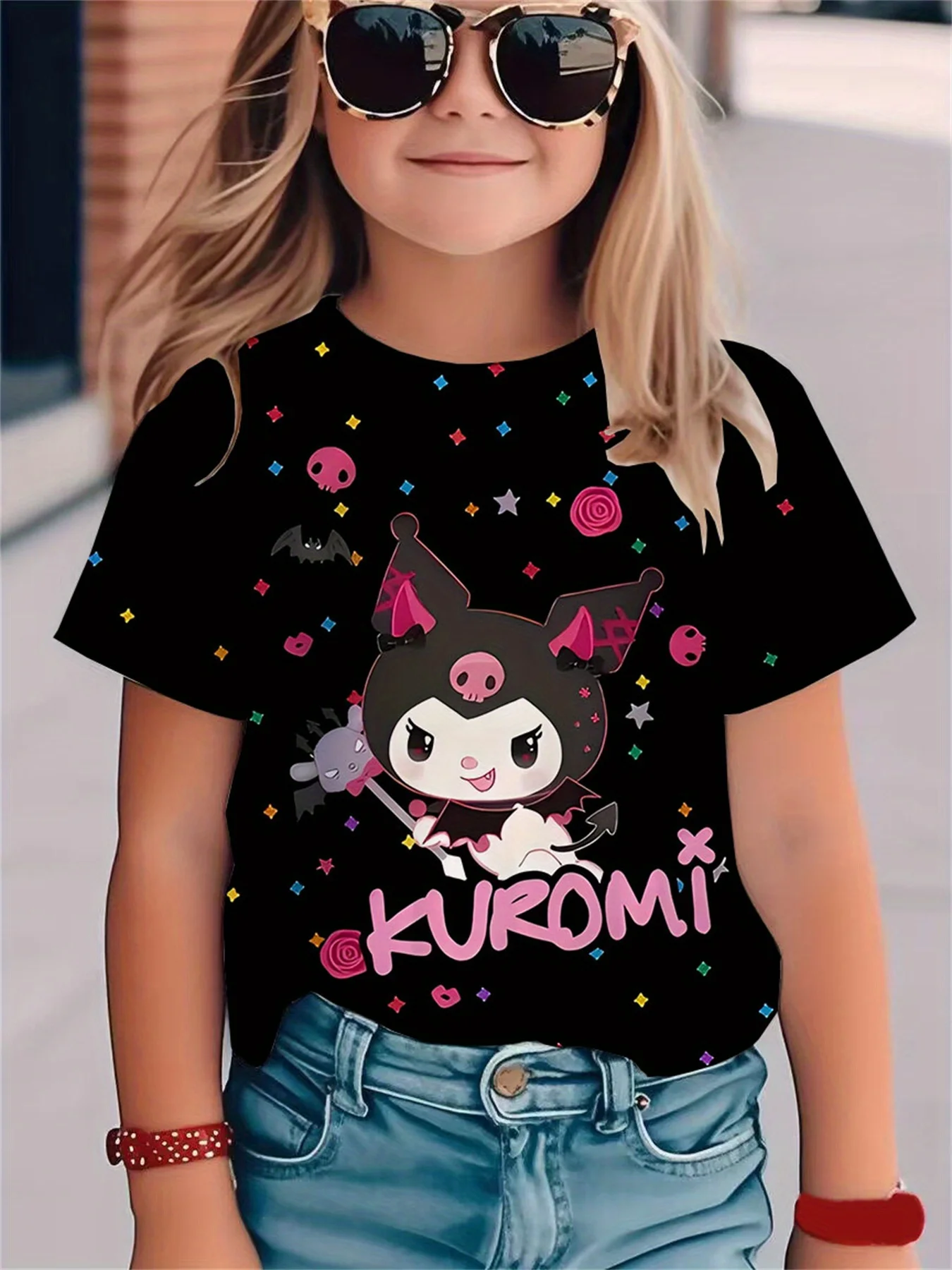 

New Summer Round Neck Short-sleeved Cute Cartoon Hello Kitty Kuromi Cute Unique Print Fashion T-shirt Comfortable Suitable Girl