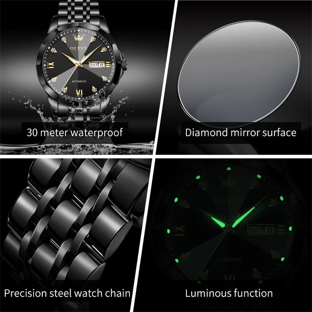 ساعة ميكانيكية OLEVS للرجال ، أصلية ، مرآة معينة ، مقاومة للماء ، مضيئة ، تاريخ الأسبوع ، أوتوماتيكي ، فولاذ مقاوم للصدأ