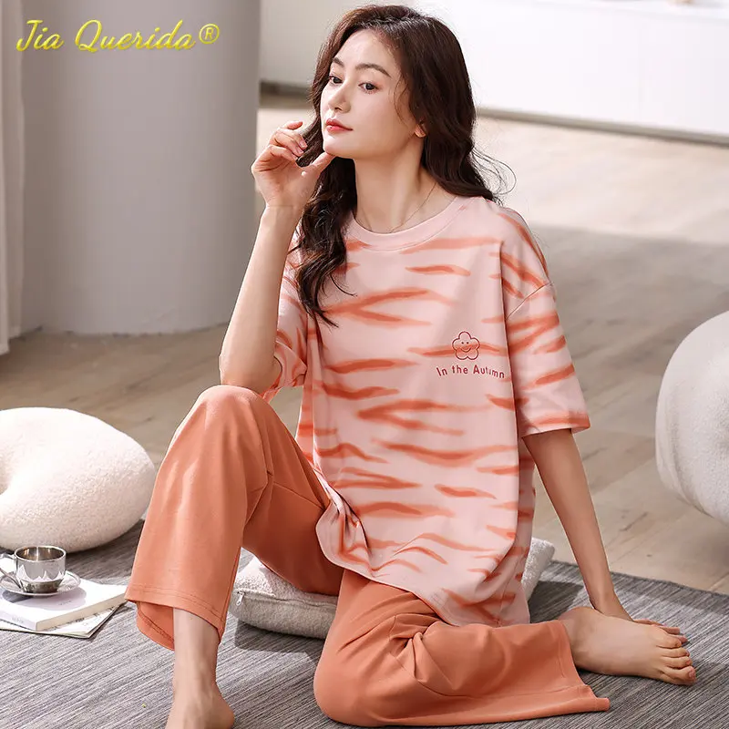 SUKAE High Quality 100% Cotton Woman Pajama Summer Short Sleeve Full Pants Sleepwear Casual Young Lady Pijama Elegant Mujer Para