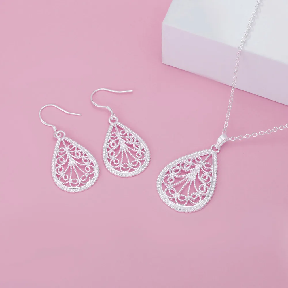 Luxury 925 Sterling Silver Romantic Water Drop Pattern Pendant Necklace Earring For Women Fashion Party Wedding Jewelry Set Gift