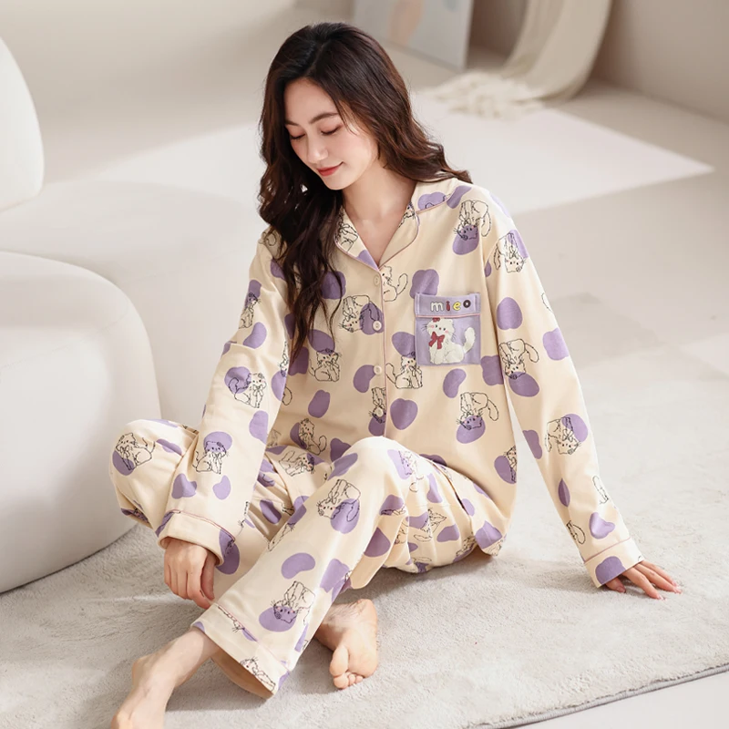 Big Size M-3XL Spring and Autumn Women knited Cotton Sleepwear Female Turn-down Collar Long Sleeve Pajamas Set 3