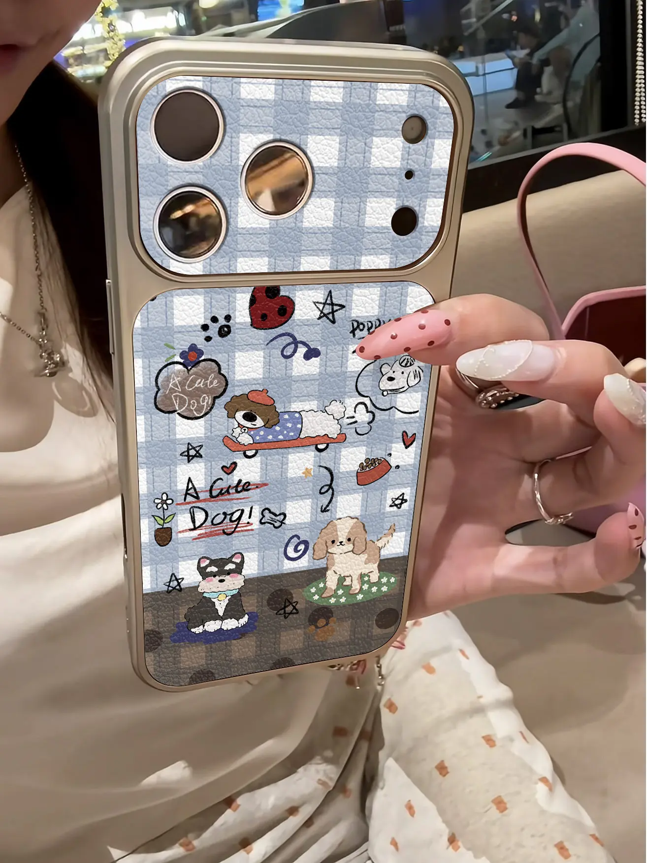 Koreanische Niedliche Welpen-Karo-Imitat 17 Handyhülle für iPhone 13 14 15 16 17 Pro Max 17Pro, Galvanisierter Stoßfänger, Stoßfeste Lederhülle – Detail 21