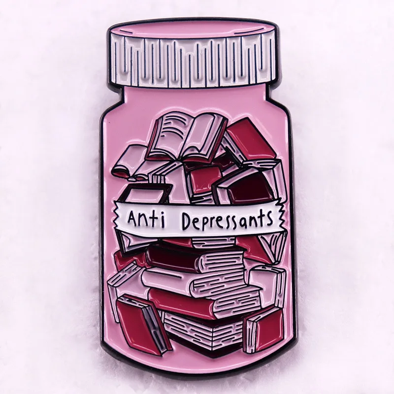 Anti Depressant Books Metal Brooch Mental Health Pill Bottle Badge Fashion Jewellery Backpack Accessory Gifts