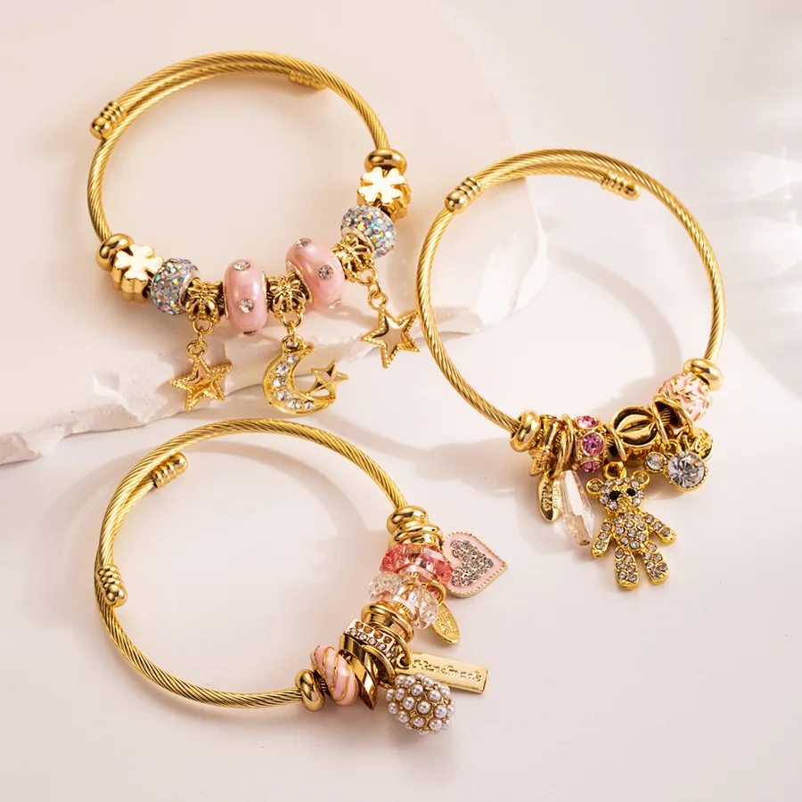 New Bear Star Moon Charms Stainless Steel Crystal Beads Bracelets Gold Color Adjustable Chain Brand Bracelets for Women