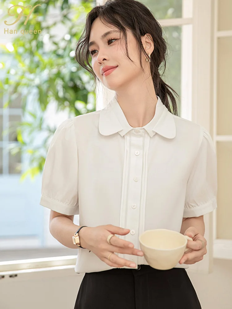 

H Han Queen Elegant Professional Attire Korean Reviews Many Girls Clothes Office Blouse Short Sleeve Casual Tops Summer Blouses
