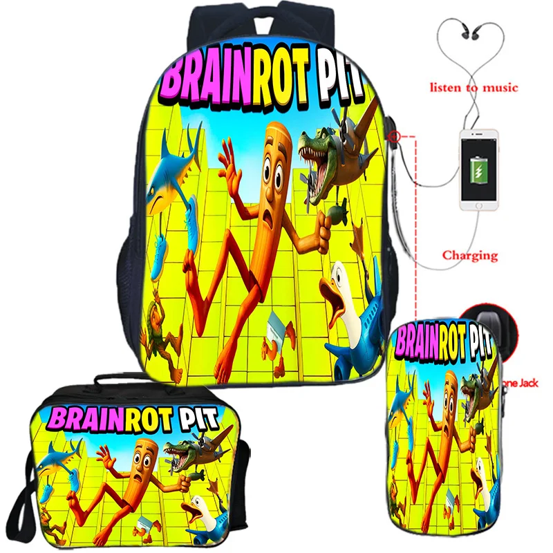 

Итальянский рюкзак Brainrot, сумка на плечо, сумка для ручек, 3 шт., рюкзаки для забавных игр Tralalero, легкий рюкзак на заказ, USB студенческие Mochilas
