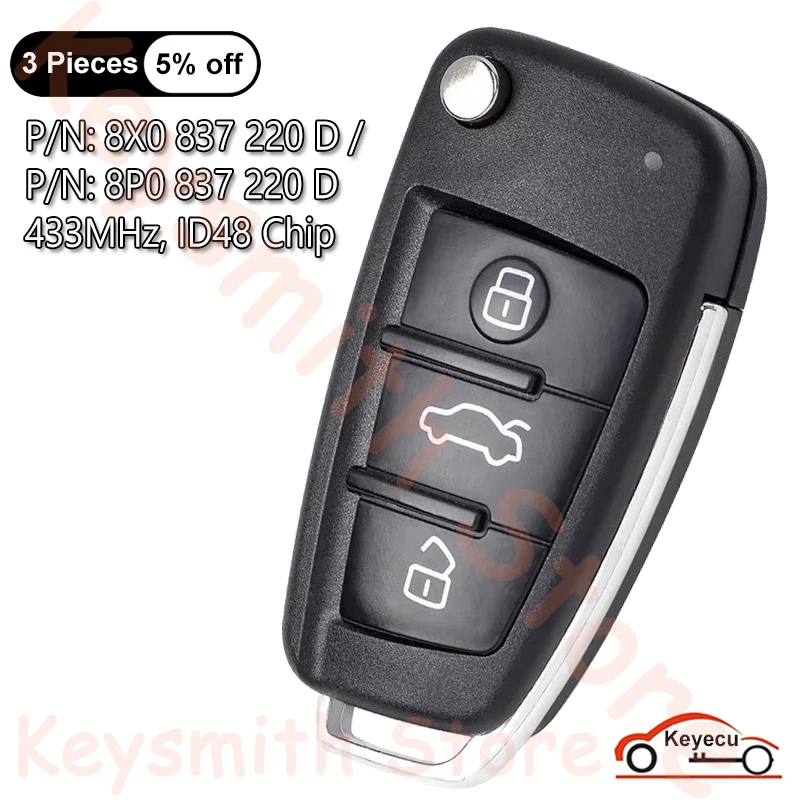 KEYECU 3 Buttons 433MHz ID48 Chip for Audi A1 Q3 TT R8 A3 S3 RS3 Auto Upgraded Flip Remote Key Fob P/N: 8X0837220D, 8P0837220D