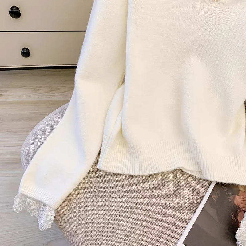 Renda com capuz camisola de malha feminina manga longa chique pérola botão pullovers preppy doce casual estudante retalhos malhas jumpers