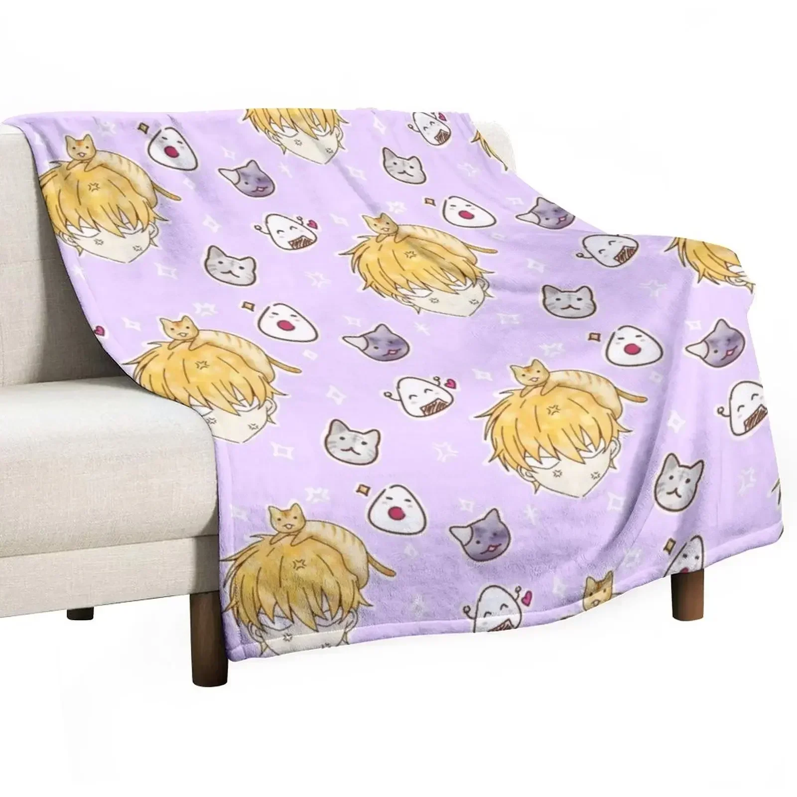 Kawaii chibi Kyo with happy little neko and onigiri Throw Blanket Luxury Designer Softest Winter beds Soft Blankets