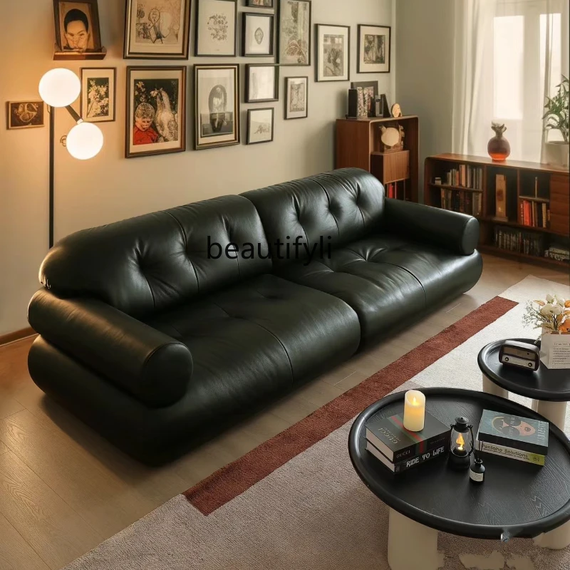 

Mid-Ancient Style Black Leather Technology Leather Nordic Living Room B & B Reception Straight-Row Sofa