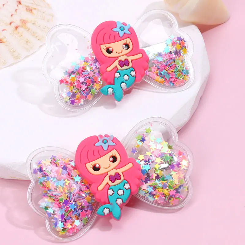 2PCS Cute Mermaid Hair Clips For Girls Quicksand Sequins Star Bows Hairpins Kids Pineapple Birthday Paty Hairpins Girl Headwear