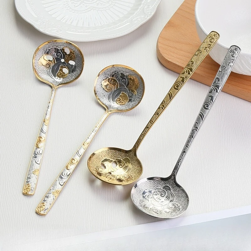 304 Stainless Steel Retro Embossed Soup Spoon High Appearance Level Slotted Ladle Household Restaurant High-end Hot Pot Spoon