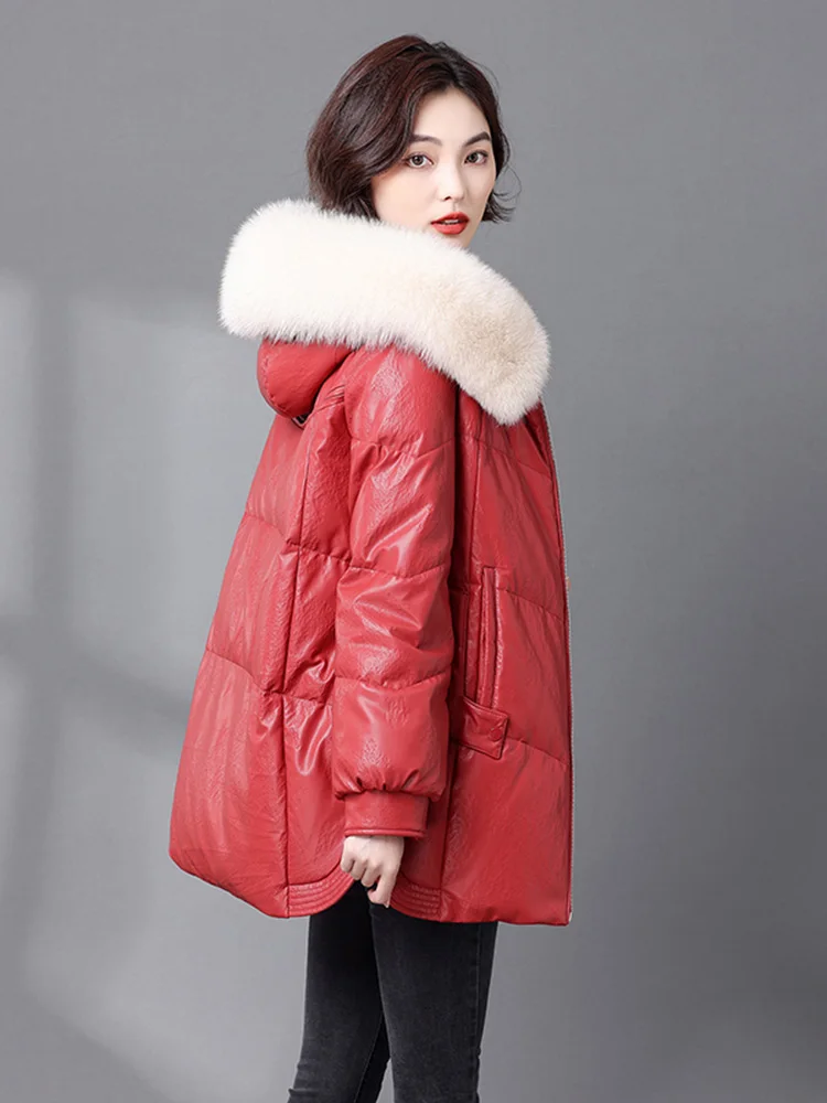 New Women Hooded Leather Down Jacket Winter Fashion Warm Real Fox Fur Collar Loose Sheepskin Down Coat Split Leather Outerwear