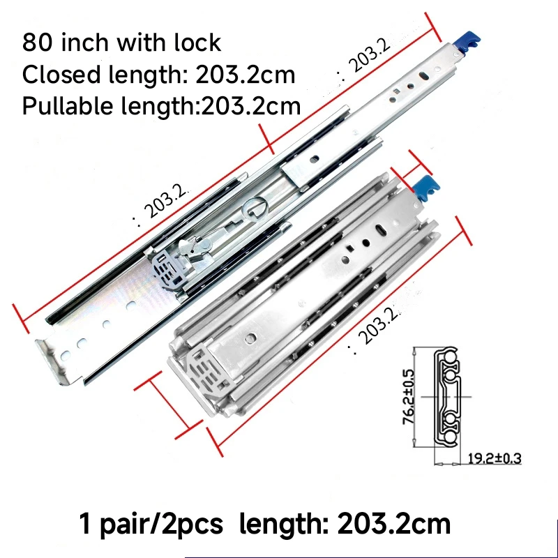 

64/68/72/80 дюймов, 1 пара усиленных направляющих для выдвижных ящиков, нагрузка до 500 фунтов, ширина 76 мм, подходят для промышленного использования или автодомов.