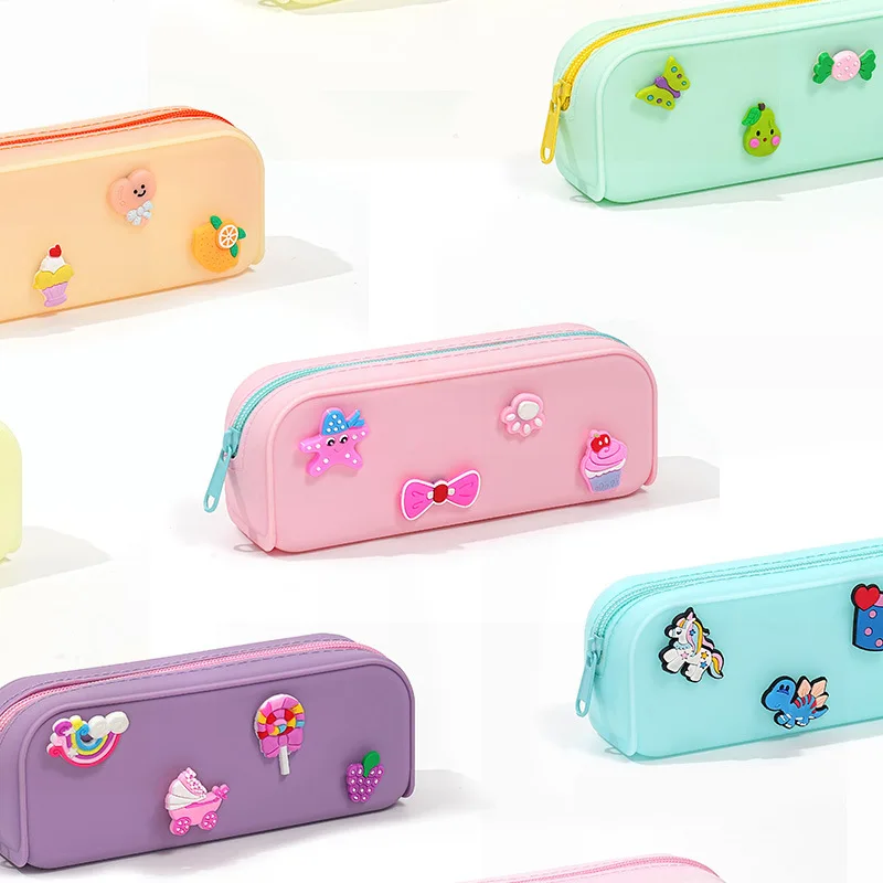 Estuche de lápices de silicona con dibujos Kawaii, papelería para estudiantes, caja de lápices impermeable de gran capacidad, suministros escolares, bolsa de maquillaje para niña, regalo