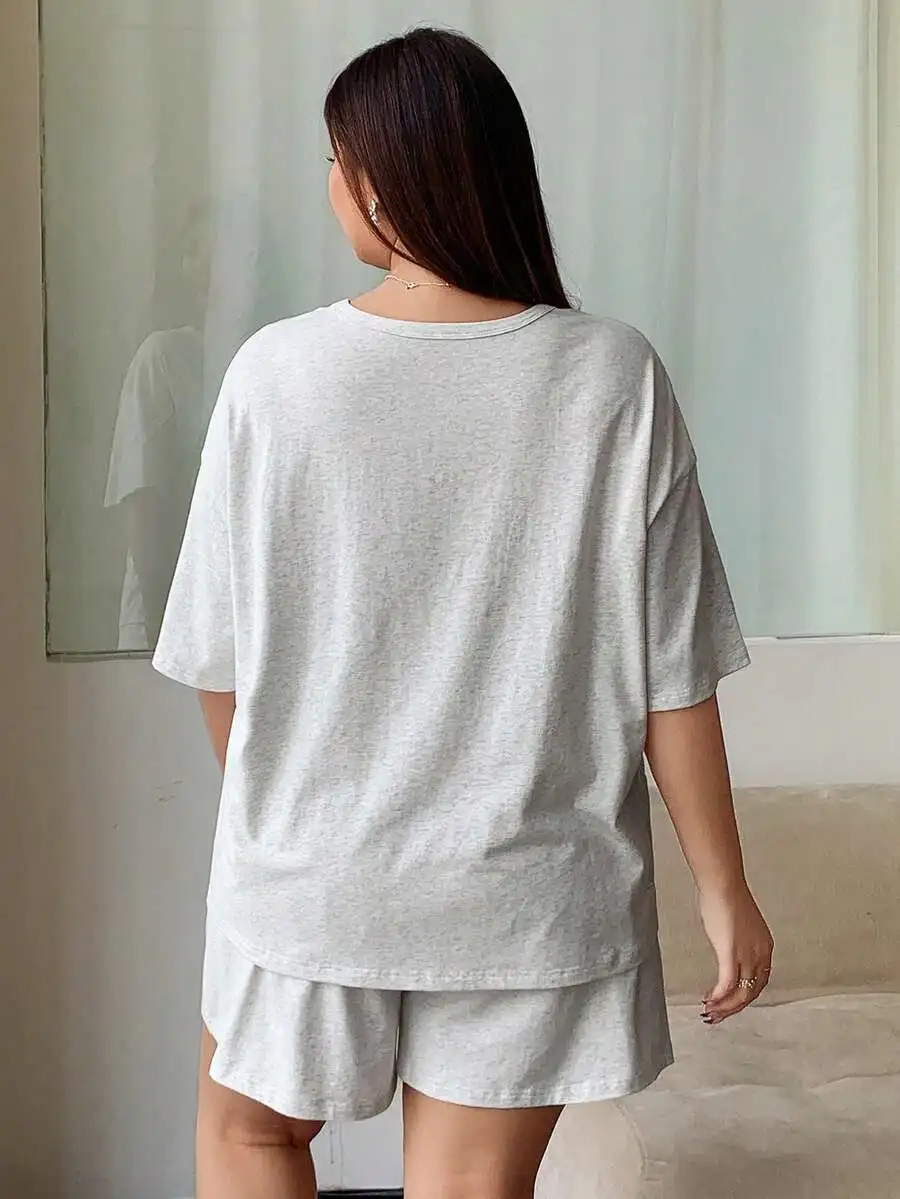 Plus Size Solid Color Knit Crew Neck Pajama Set Women Casual Sleepwear
