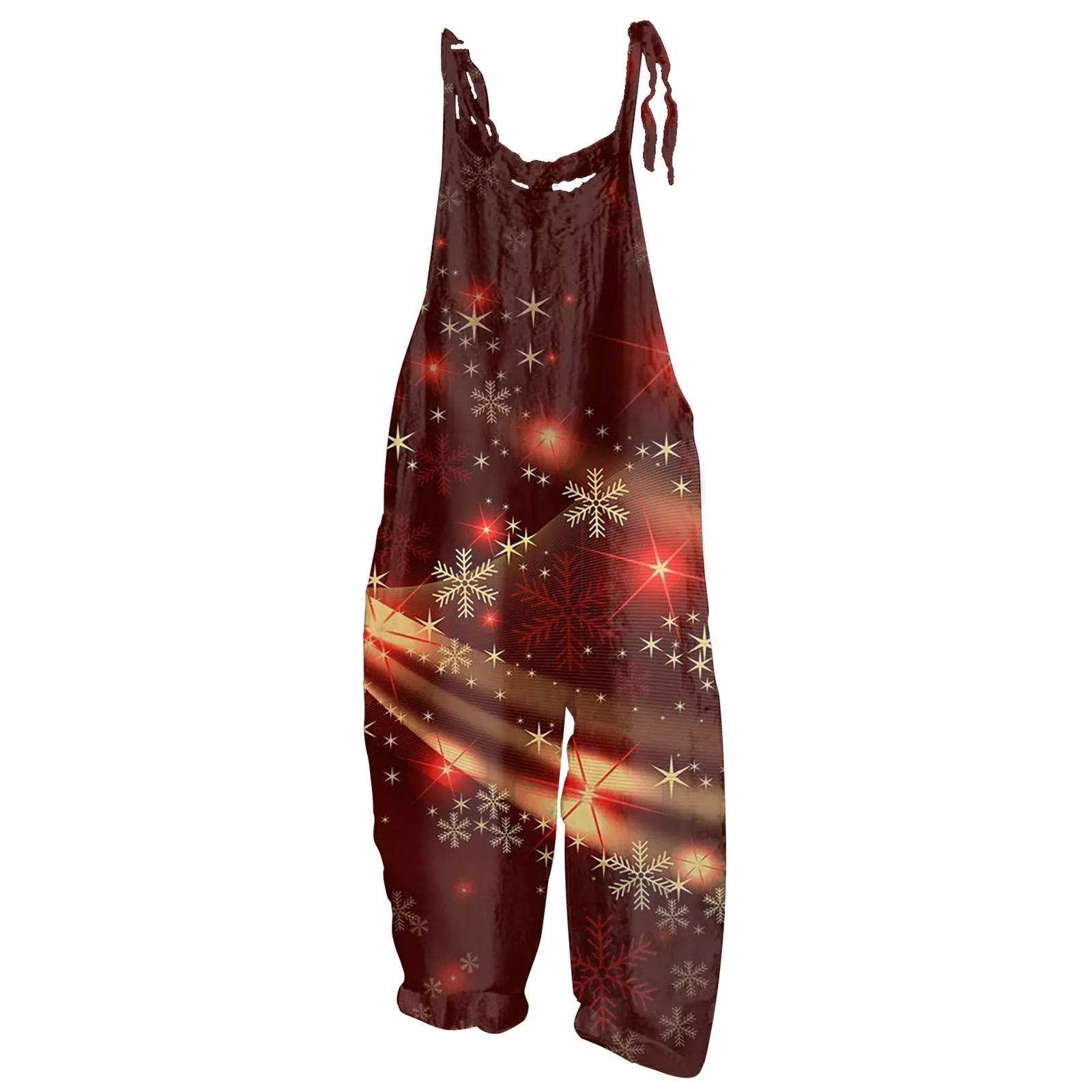 2023 New Women'S Casual Christmas Print Loose Wide Leg Jumpsuit Casual Sleeveless Suspender Trouser Plaid Snowflake Jumpsuit