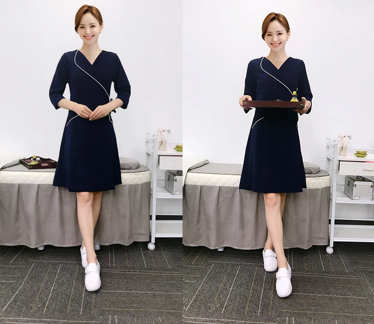 Fashionable Summer New Beauty Therapist Work Uniform Women's SPA Health Care Center Beauty Salon Dress Polyester Short Sleeve