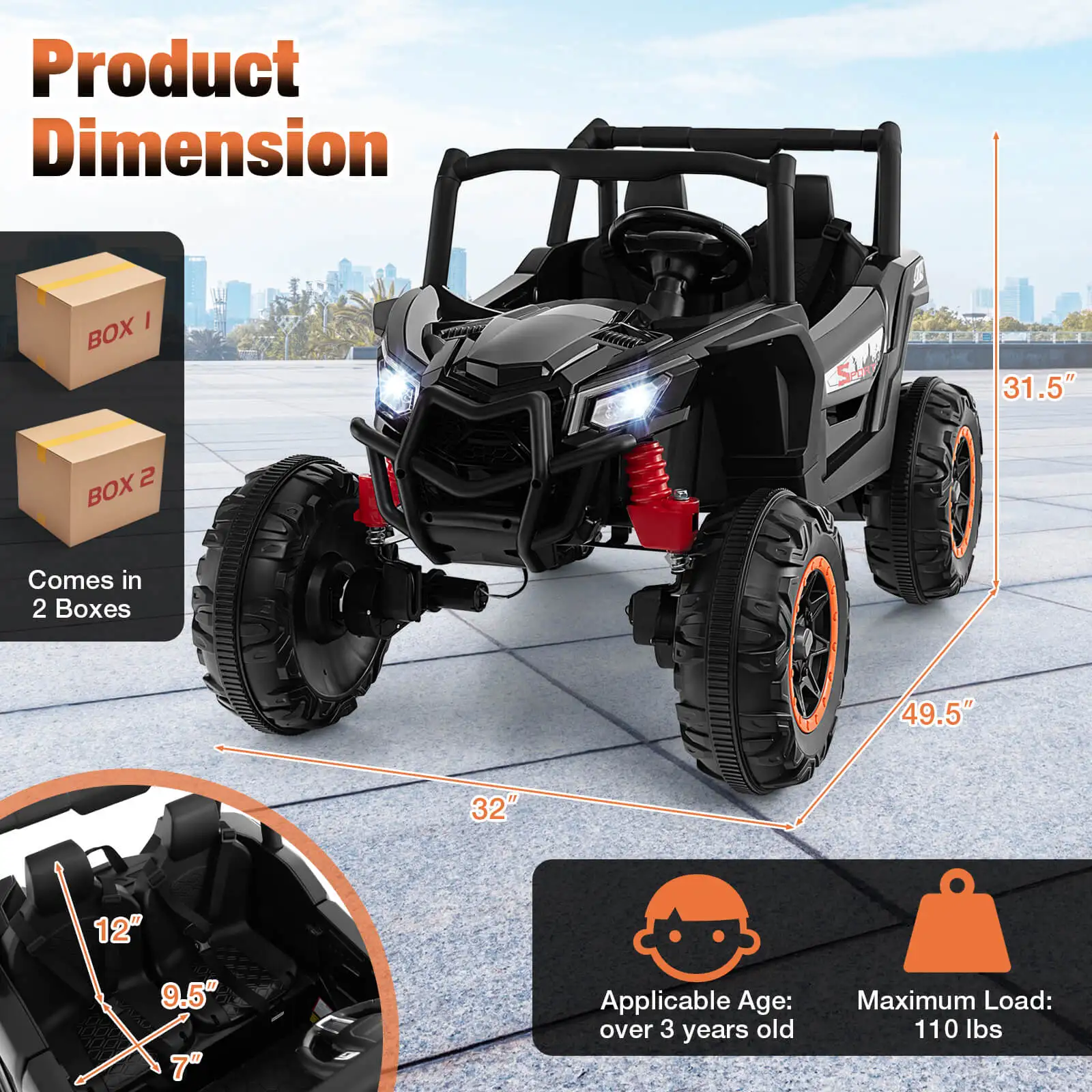 UTV pour enfants avec moteur injuste, télécommande, haute et basse vitesse, 24V, 4x100W