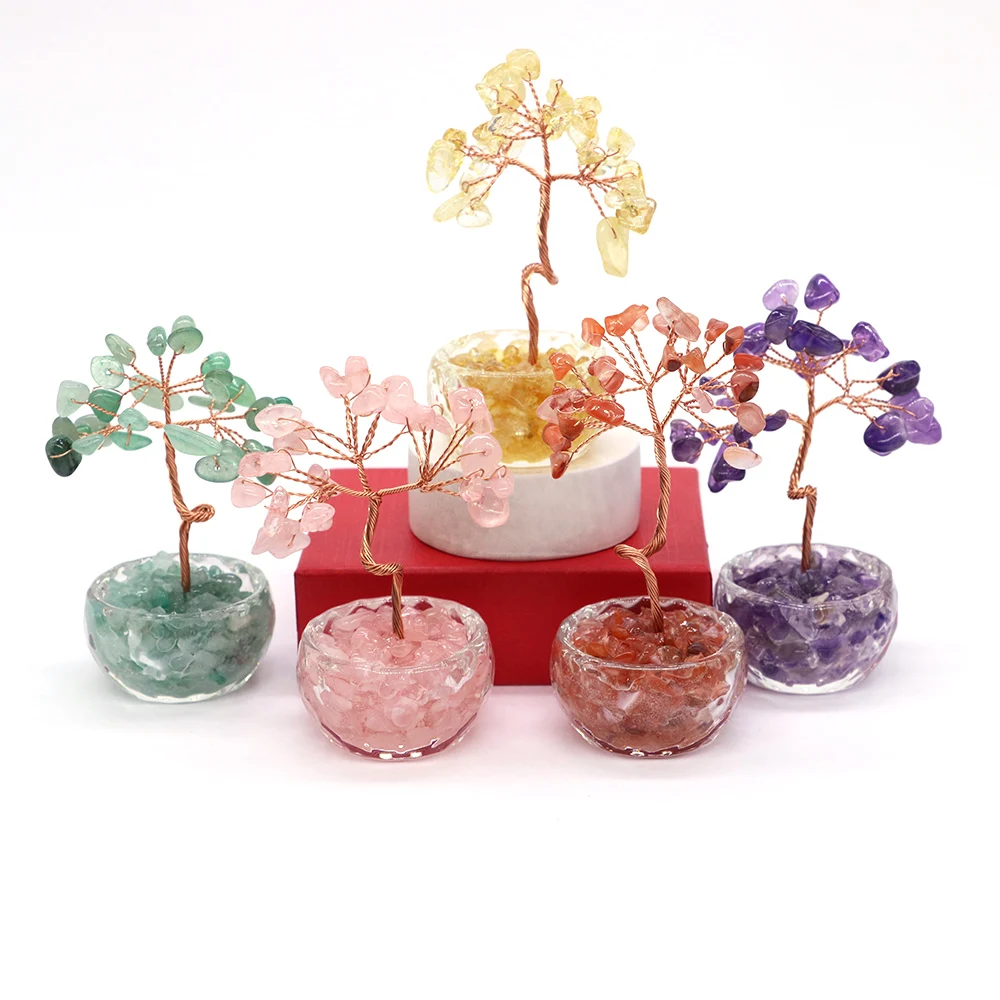 

7 Chakras Tree of Life Decoration Rose Natural Chip Crystal Handmade Healing Luck Money Trees Feng Shui Home Office Ornament