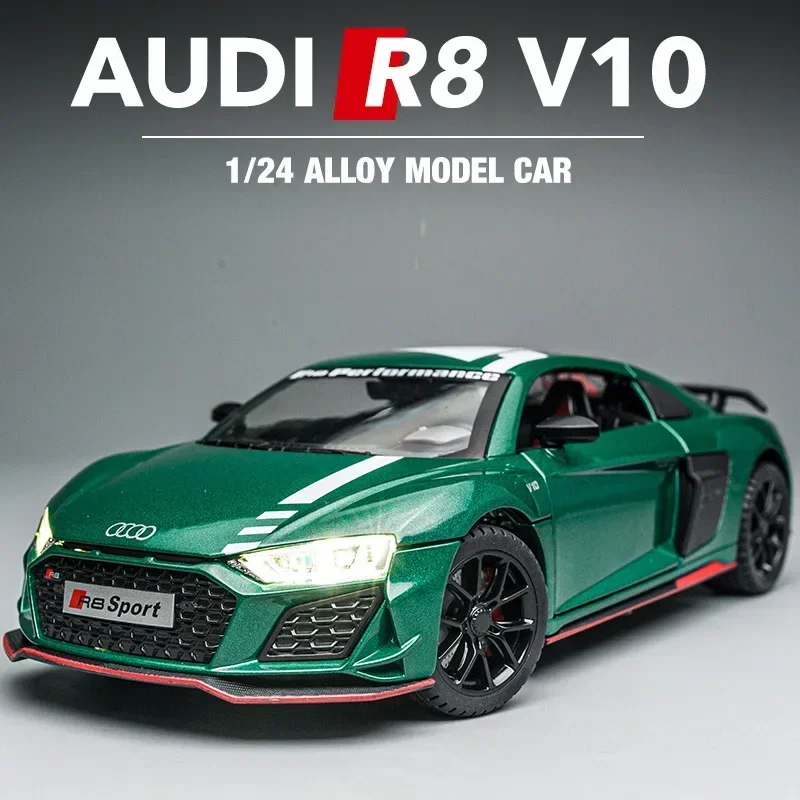 

1:24 Audi R8 V10 модель спортивного автомобиля, литая под давлением металлическая игрушка, звук и свет, детские игрушки, любимые праздничные подарки