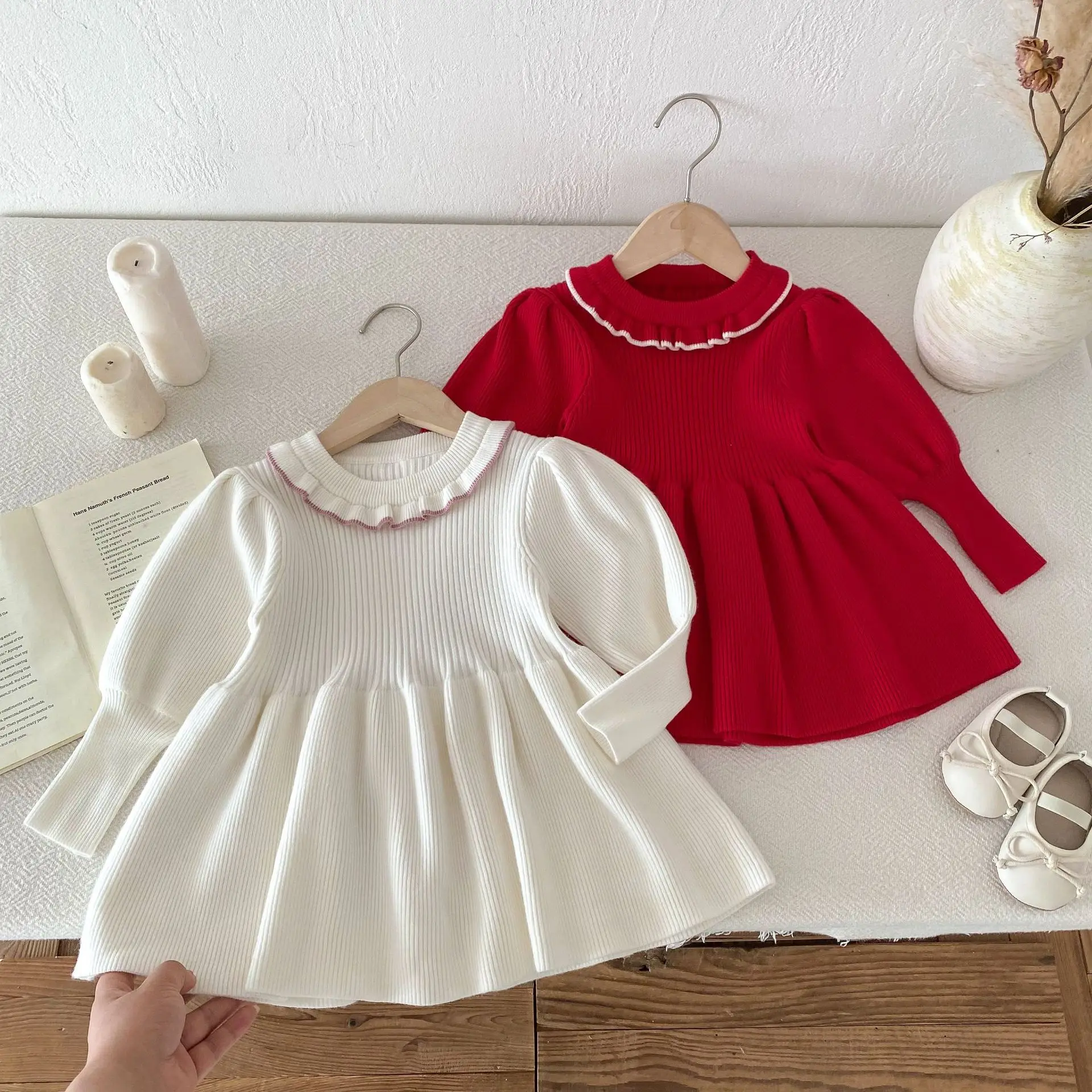 

Белое платье для детей, цельное трикотажное платье, весенне-осенняя одежда для младенцев, платье-свитер, пуловер, красная рождественская принцесса, Новый год