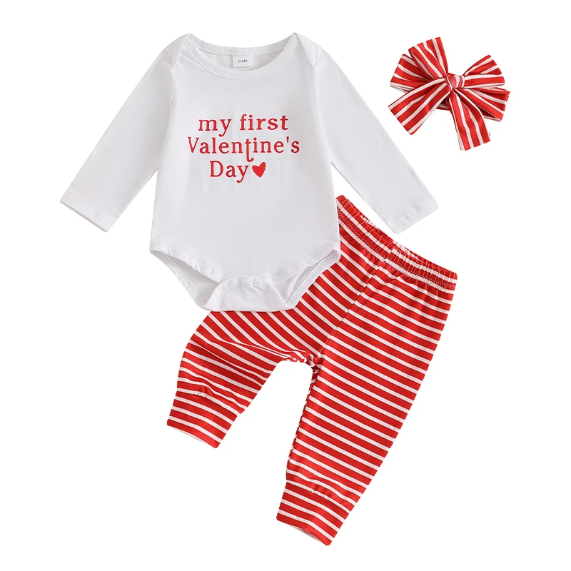 Baby Girl Valentine's Day Outfits Letter Heart Print Long Sleeve Romper Stripe Pants Headband 3Pcs Clothes Set