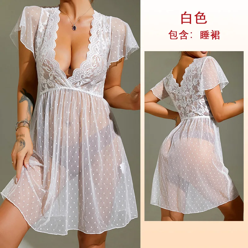 Pijama sexy e sedutor de renda patchwork de manga curta com malha de bolinhas, profundidade de perspectiva e peito exposto