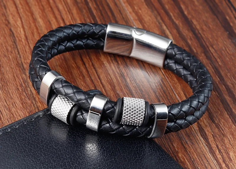 1 Stück Charm-Armband aus geflochtenem Seil für Herren, Edelstahl, magnetische Schnalle, Armbänder und Armreifen aus echtem Leder, Schmuck für Männer und Frauen – Detail 6