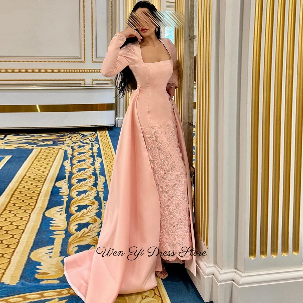 Customized Square Collar Long Sleeves Party Gowns Pink Satin Evening Dress Elegant Panel Train Crystal Beading Prom Dresses