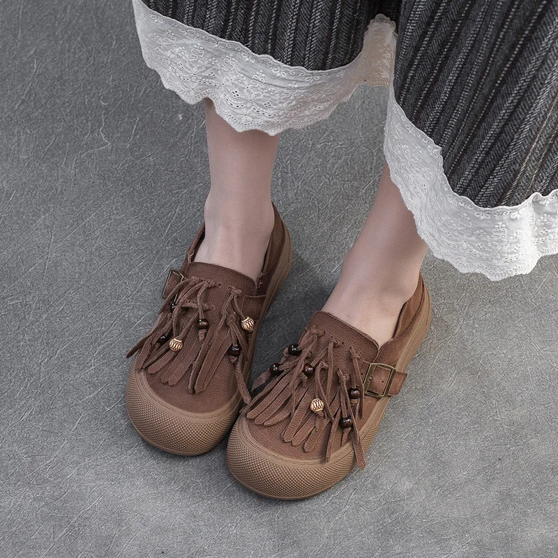 Genuine Leather Handmade Women's Flat Tassel Shoes - Soft, Durable and Fashionable Footwear for Daily Wear