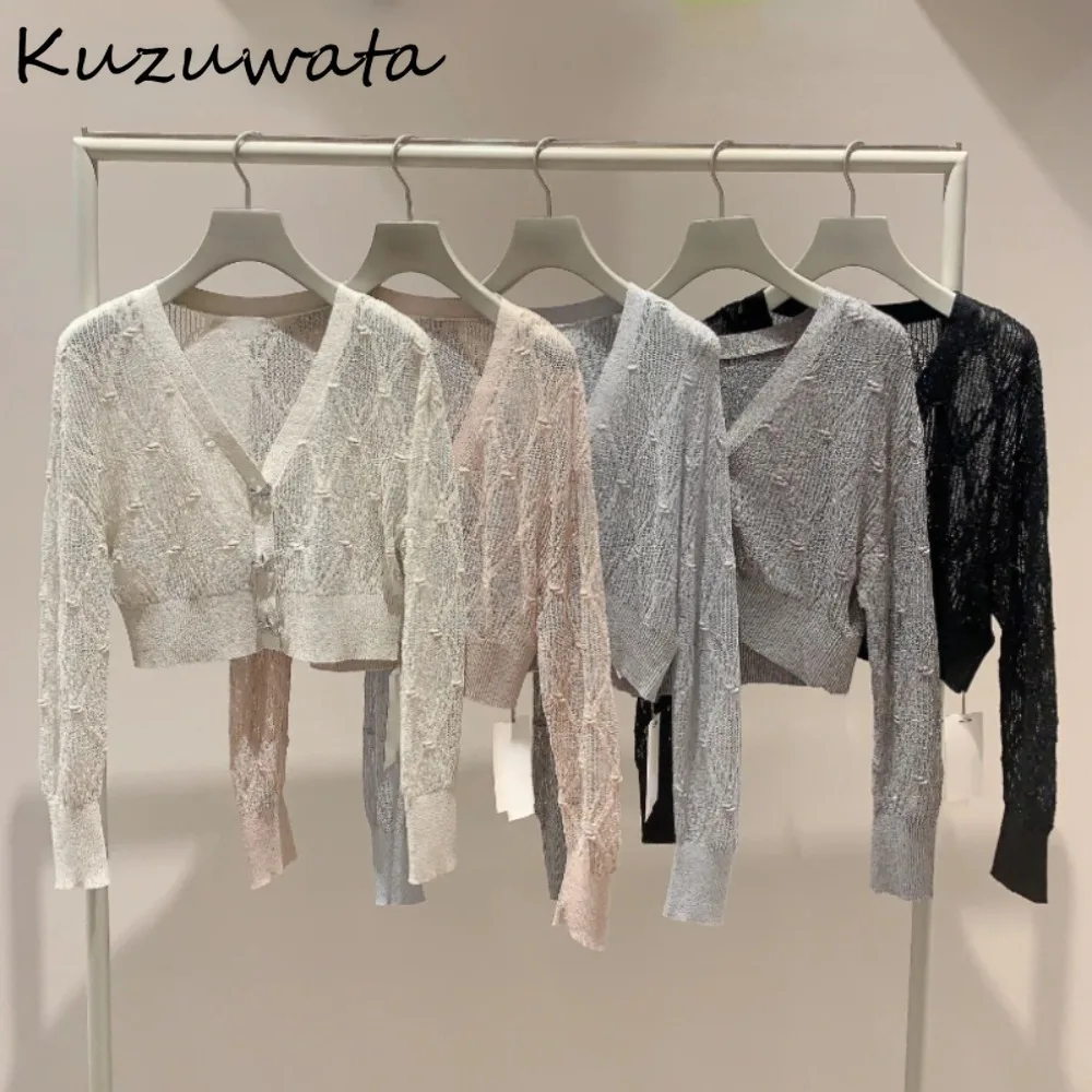 Kuzuwata New Sweet V Neck Long Sleeve Casual Cardigan Bow Hollow Out All-match Plaid Patchwork Sweater Japan Diamond Knit Jumper