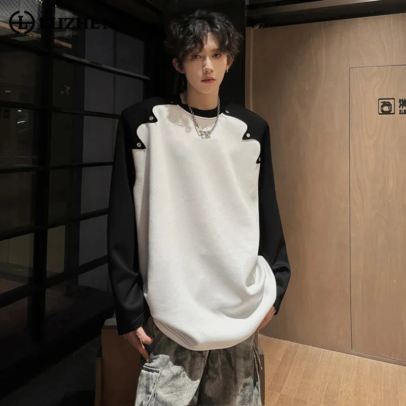 

LUZHEN Korean Fashion Color Contrast Splicing Design Long Sleeve T-shirts Men's 2025 Spring Handsome Casual Male Clothes JY3501