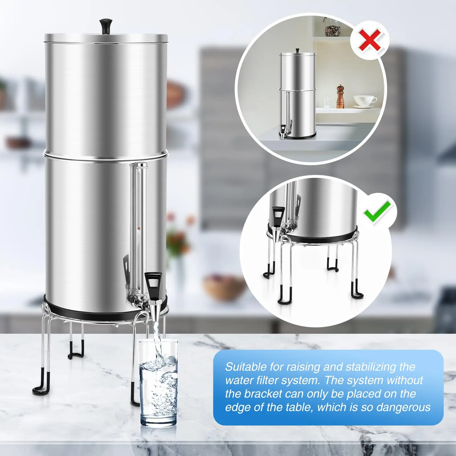 Polished Stainless Steel Water Filter Holder with Removable Legs Medium Gravity Water Filter Stand 6